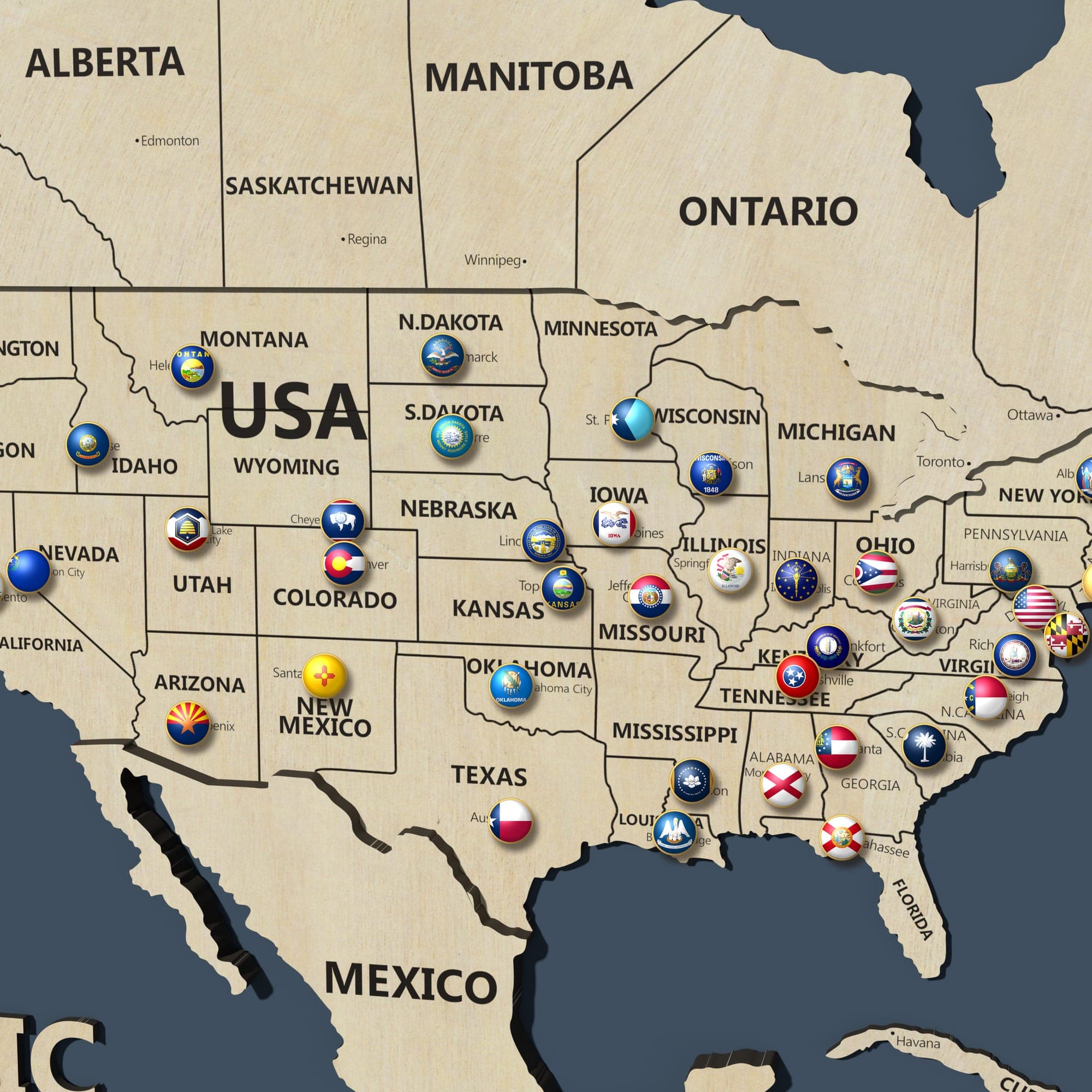 Close up of North America on the map in birch, with state names and pins