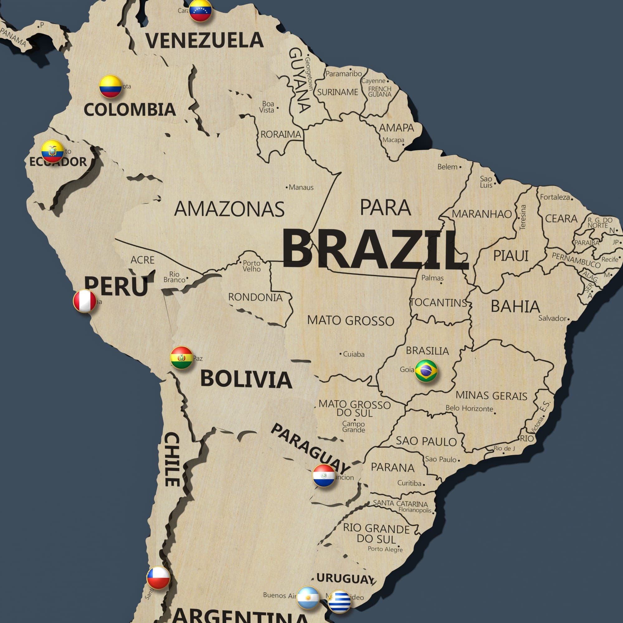 Close up of South America on the map in birch