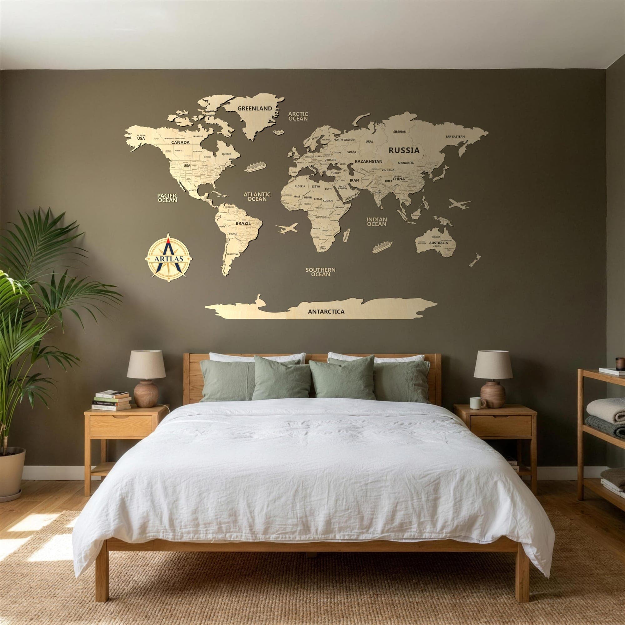 The Wooden World Map in birch on a dark bedroom wall