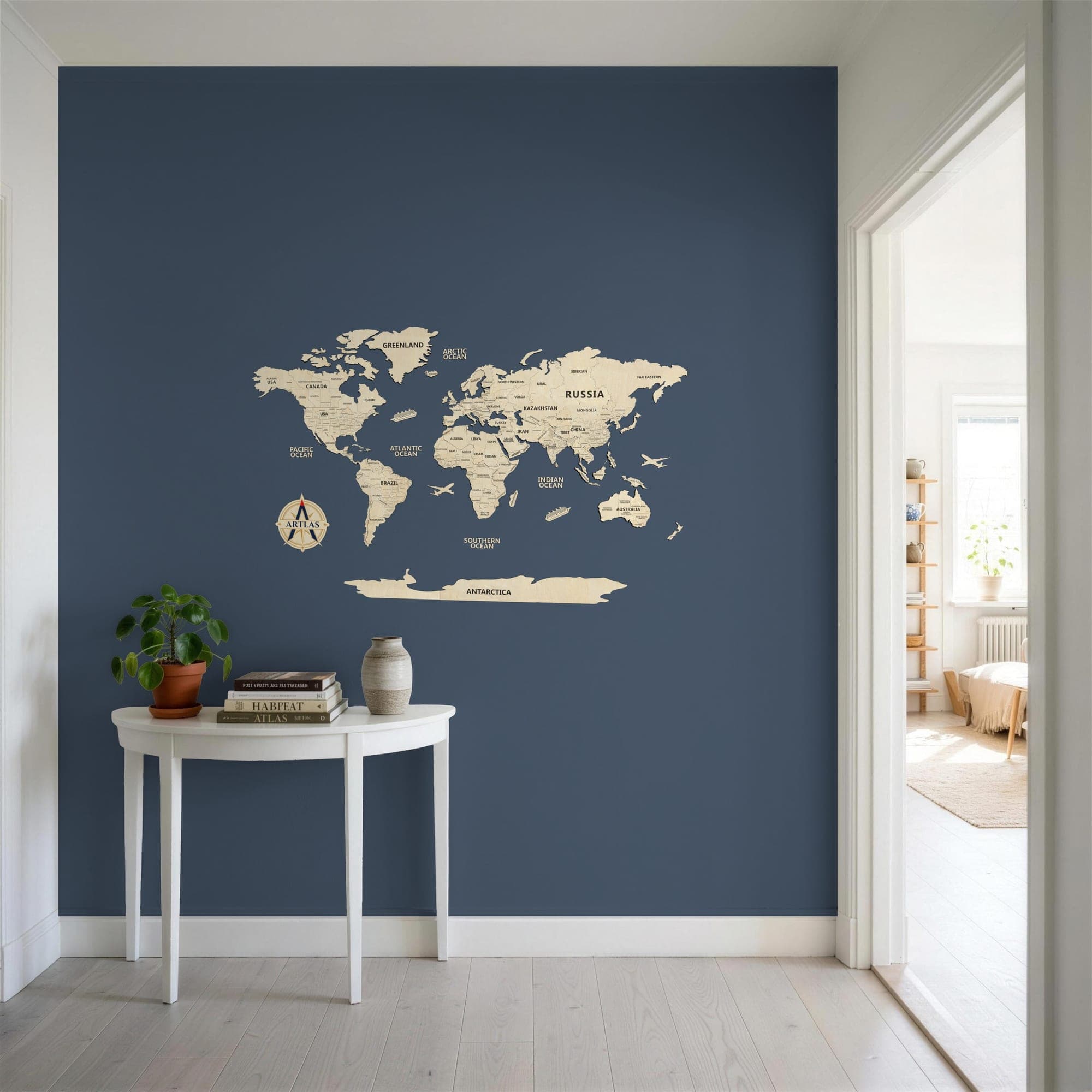 The Wooden World Map in birch in an entrance hall