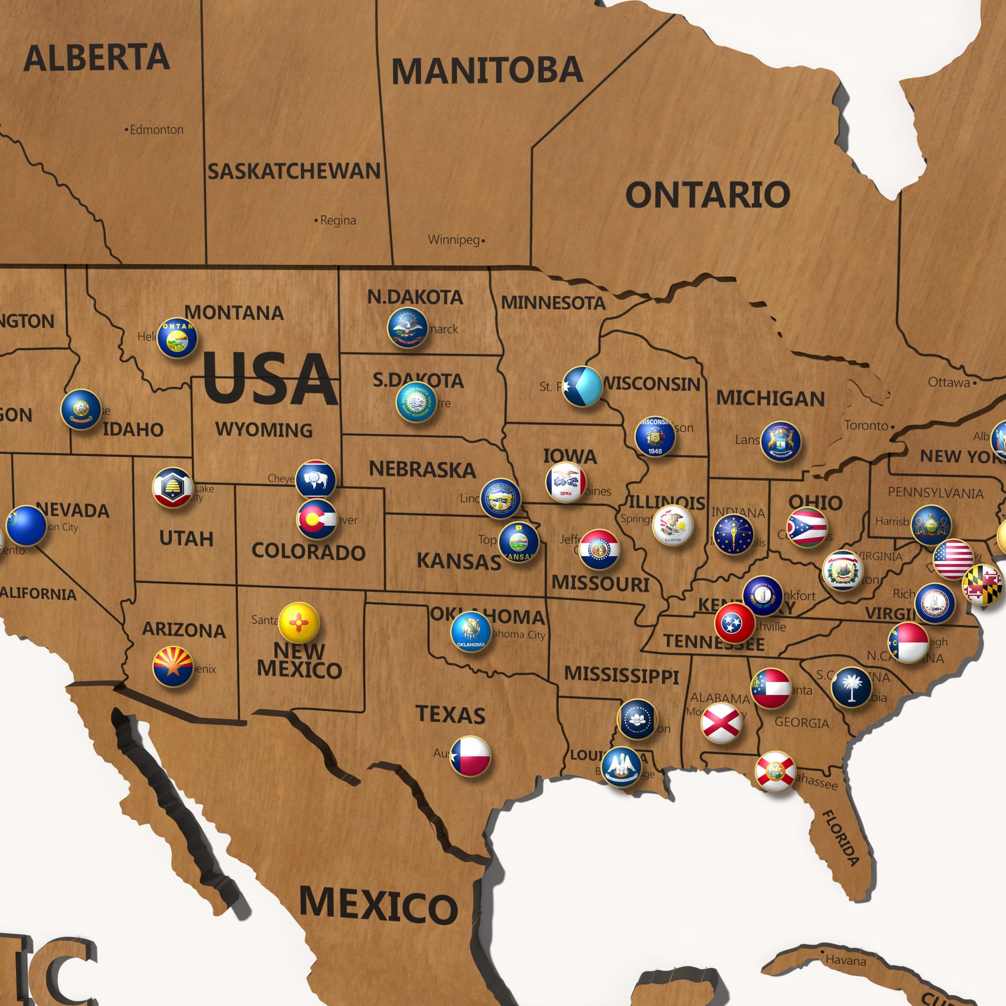 Close up of North America on the map in teak, with state names and pins