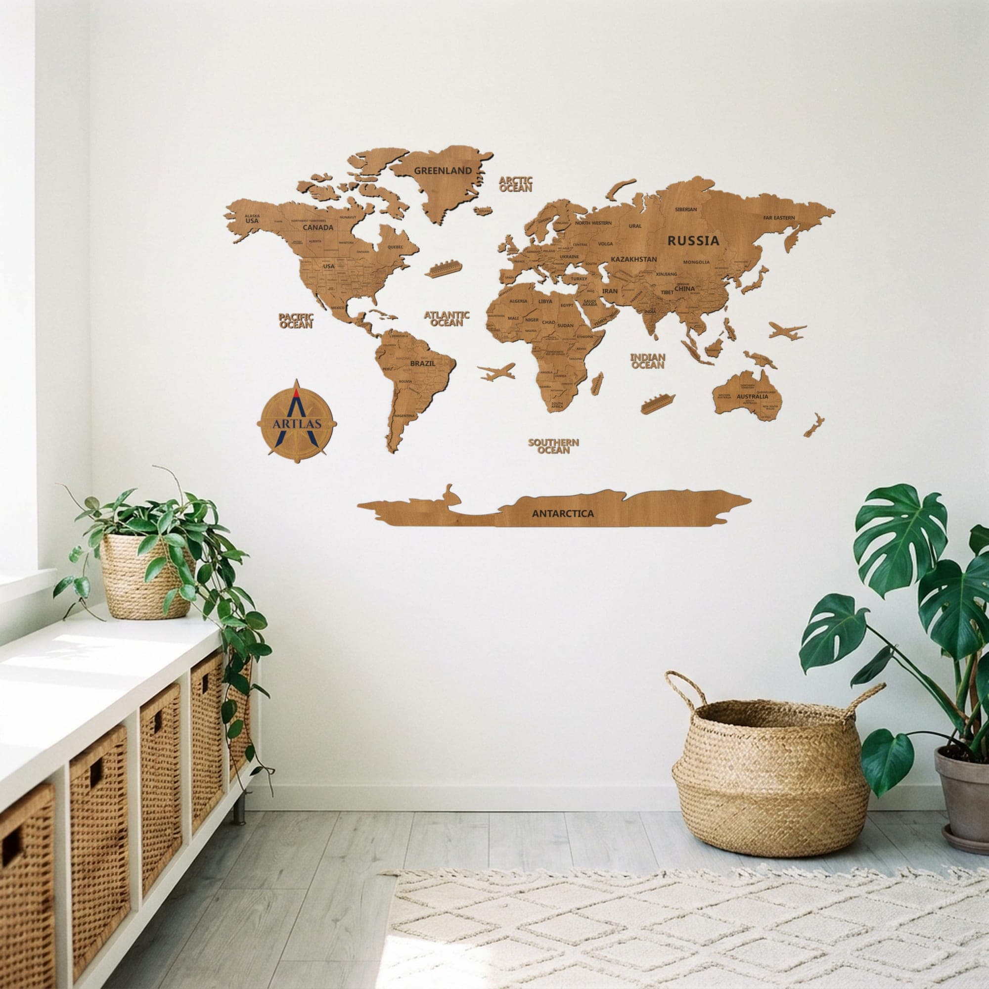The Wooden World Map in teak on a wall above a console