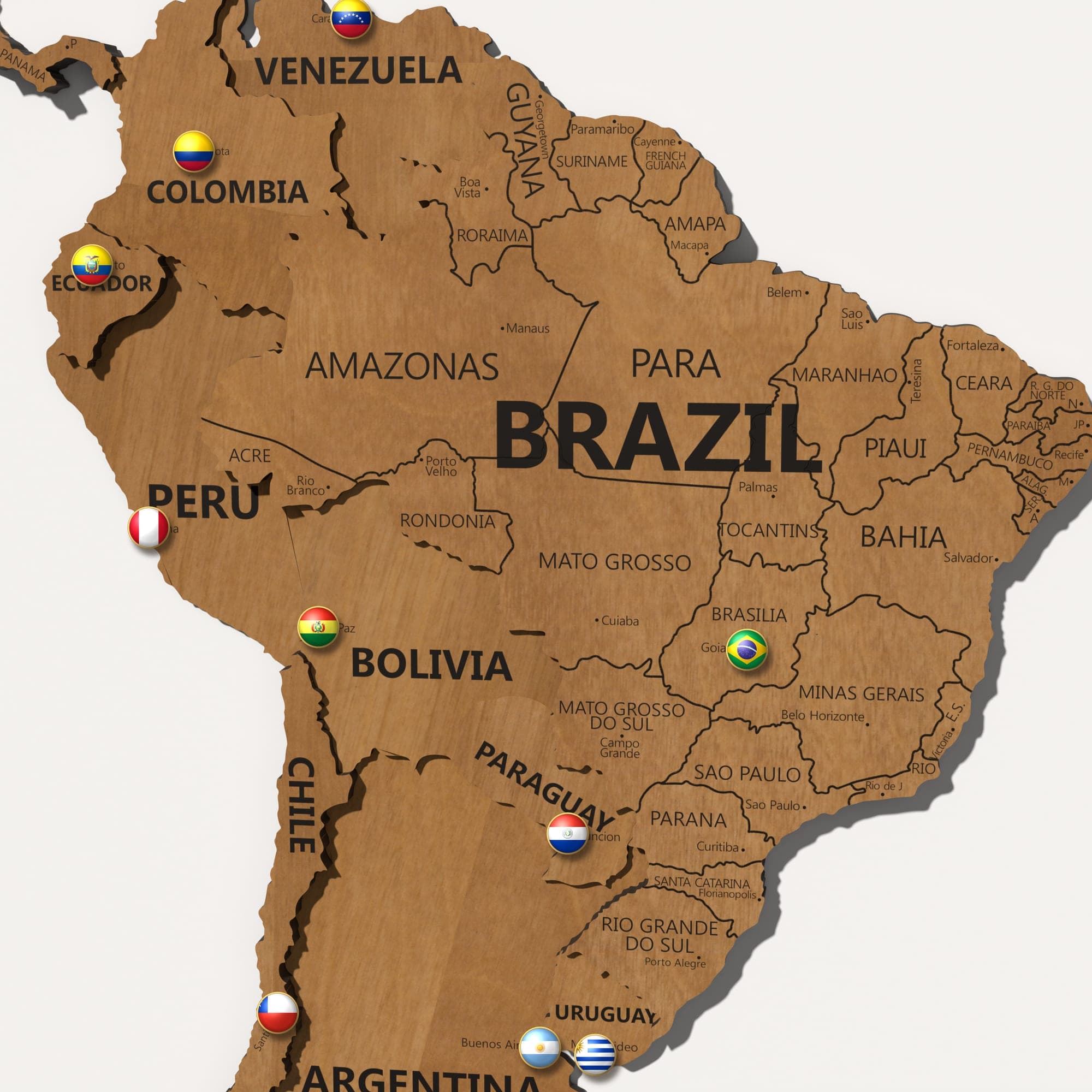 Close up of South America on the map in teak