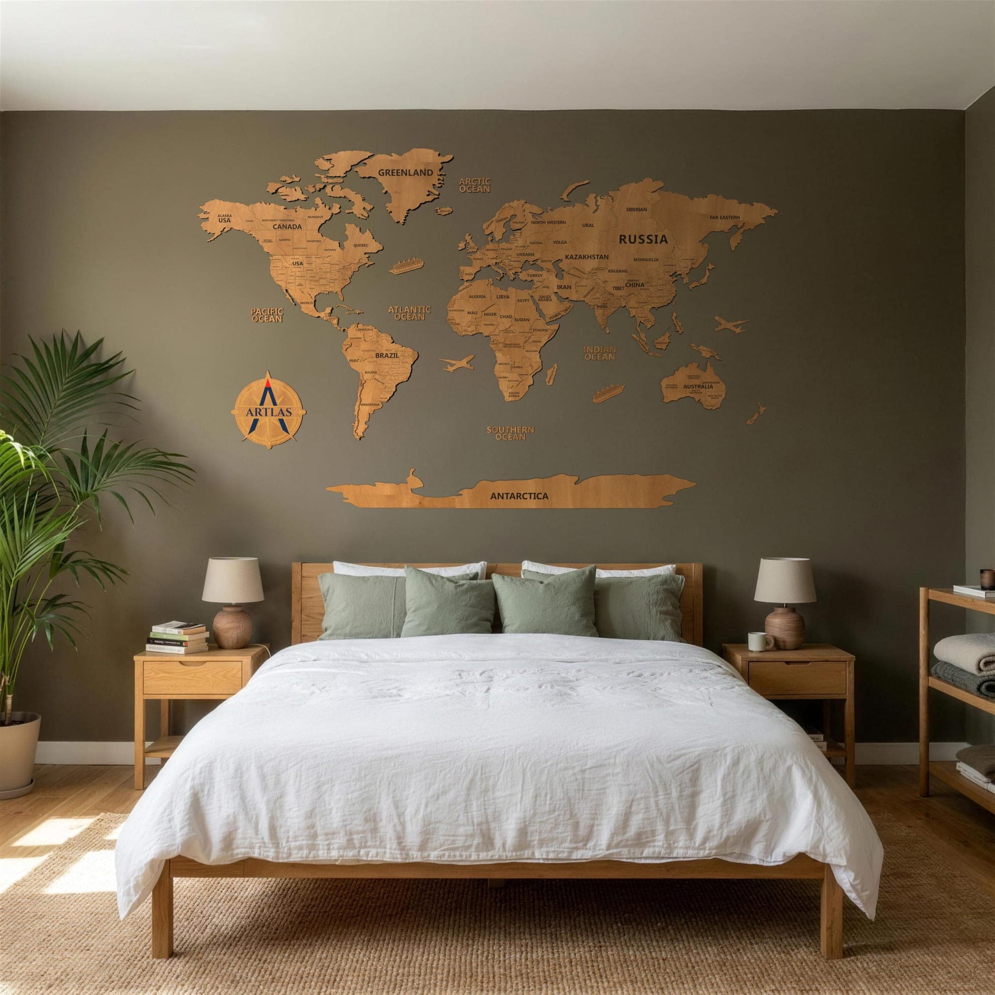 The Wooden World Map in teak on a dark bedroom wall