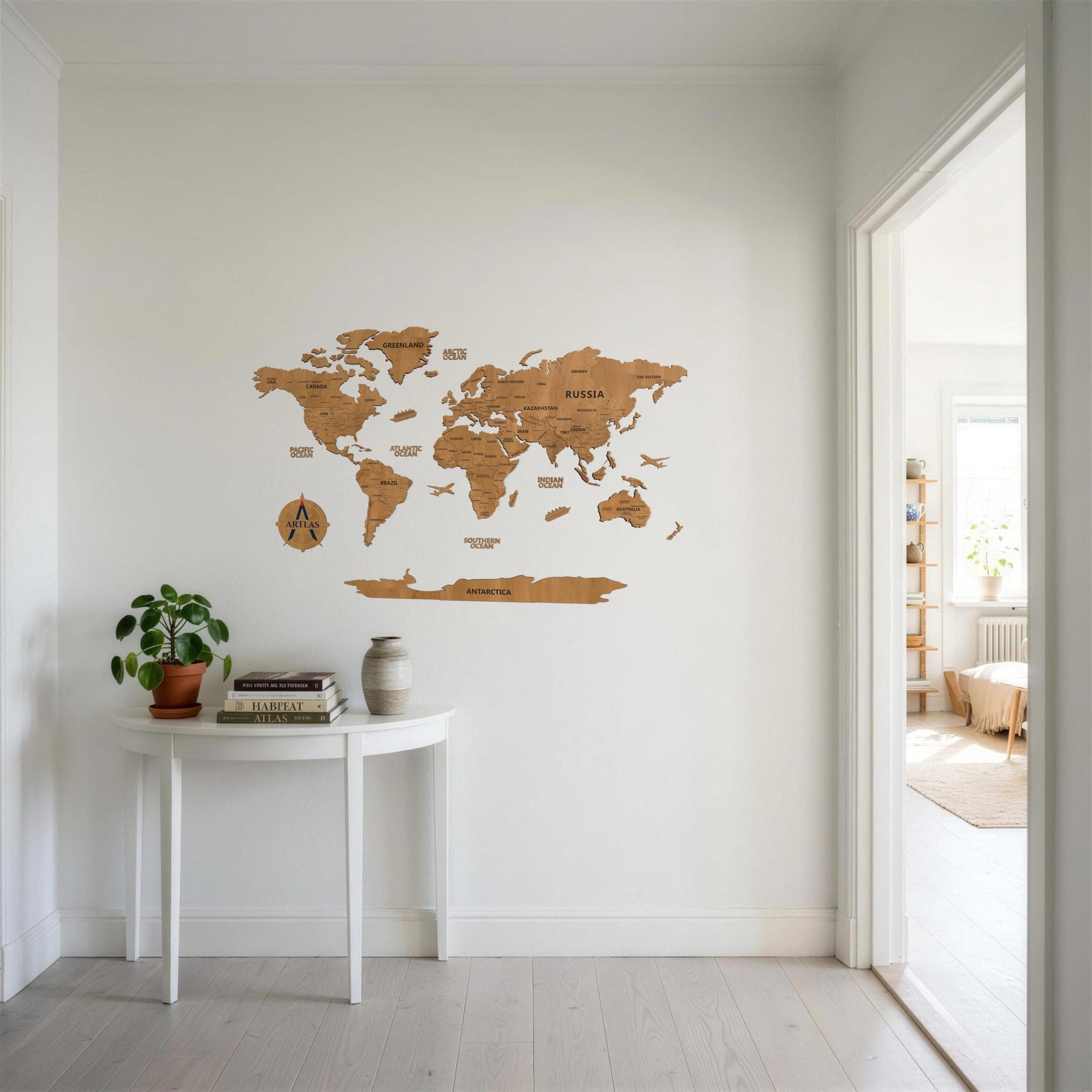 The Wooden World Map in teak in an entrance hall