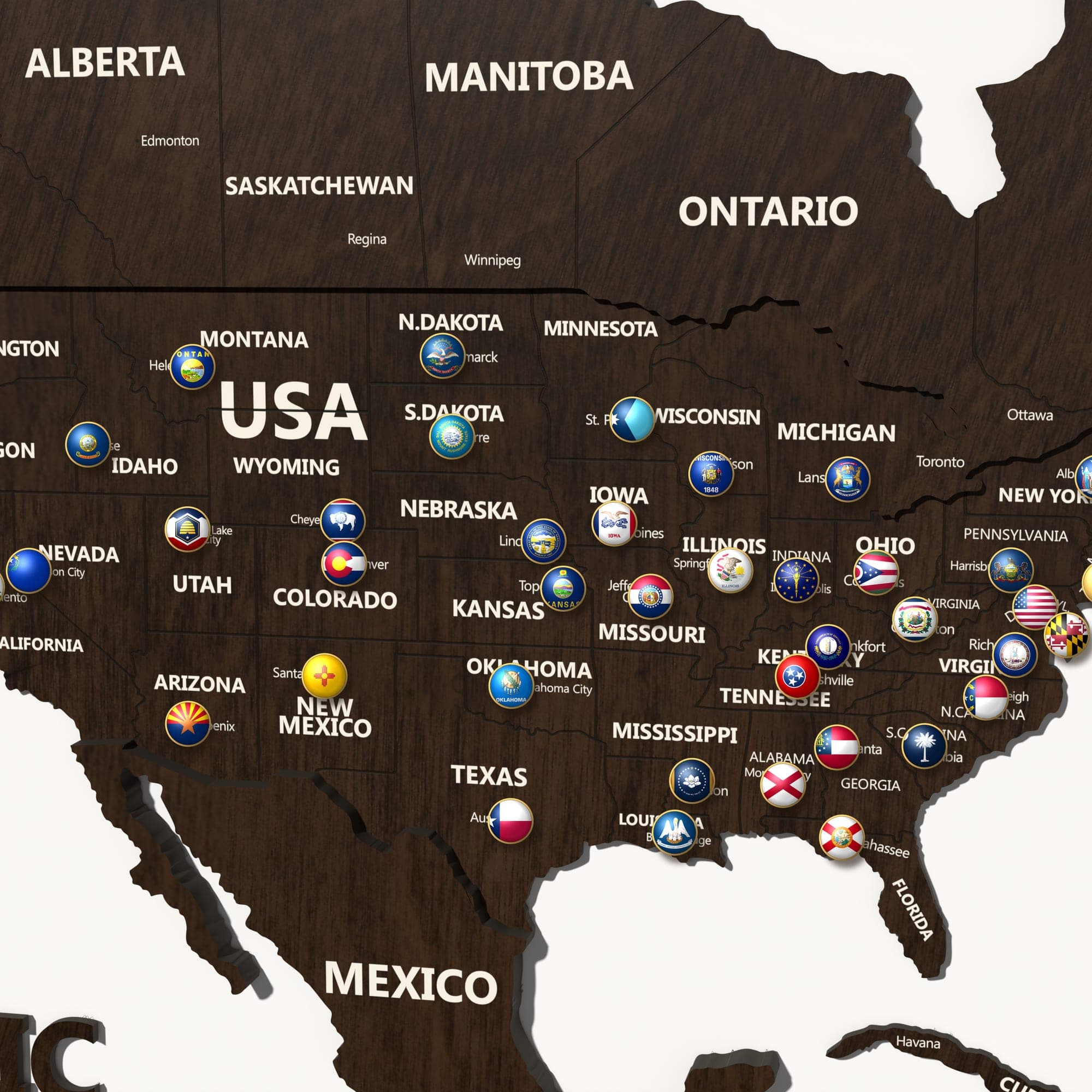 Close up of North America on the map in walnut, with state names and pins