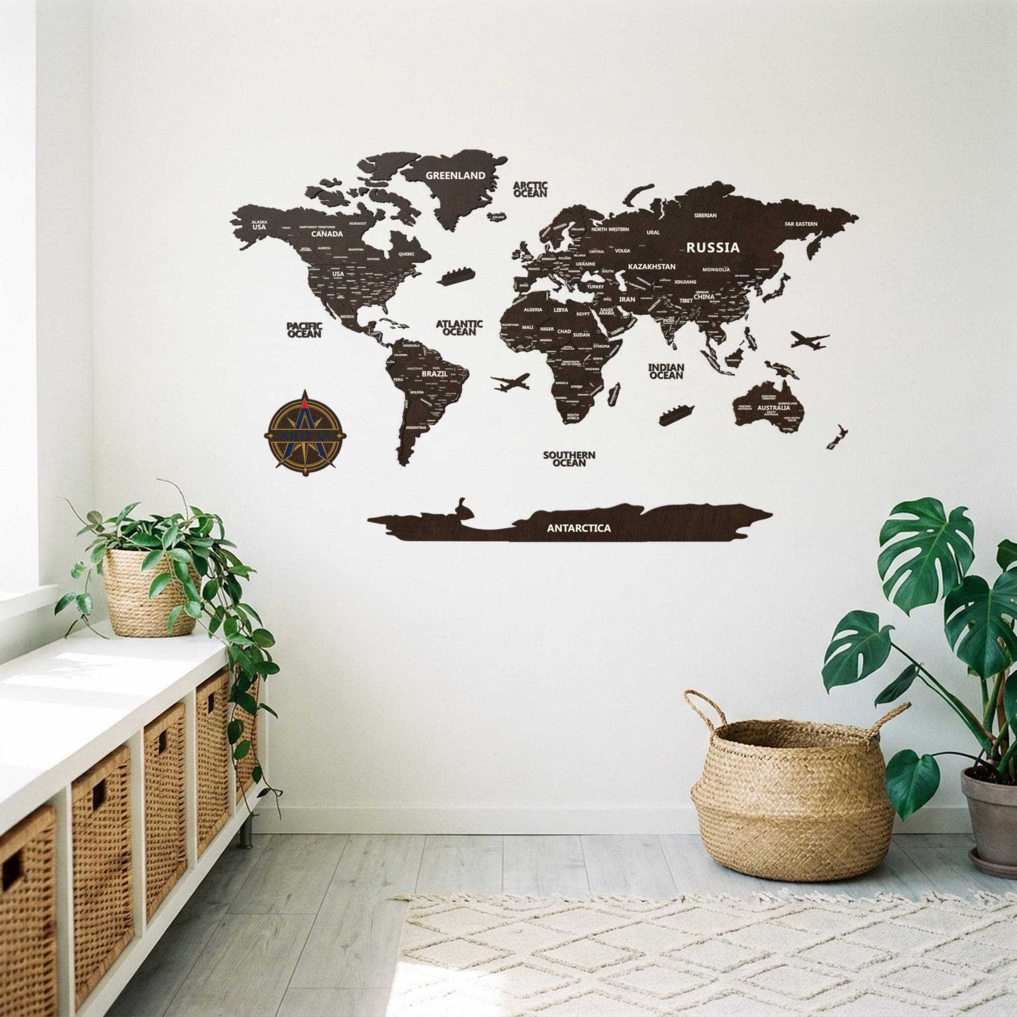 The Wooden World Map in walnut on a wall above a console