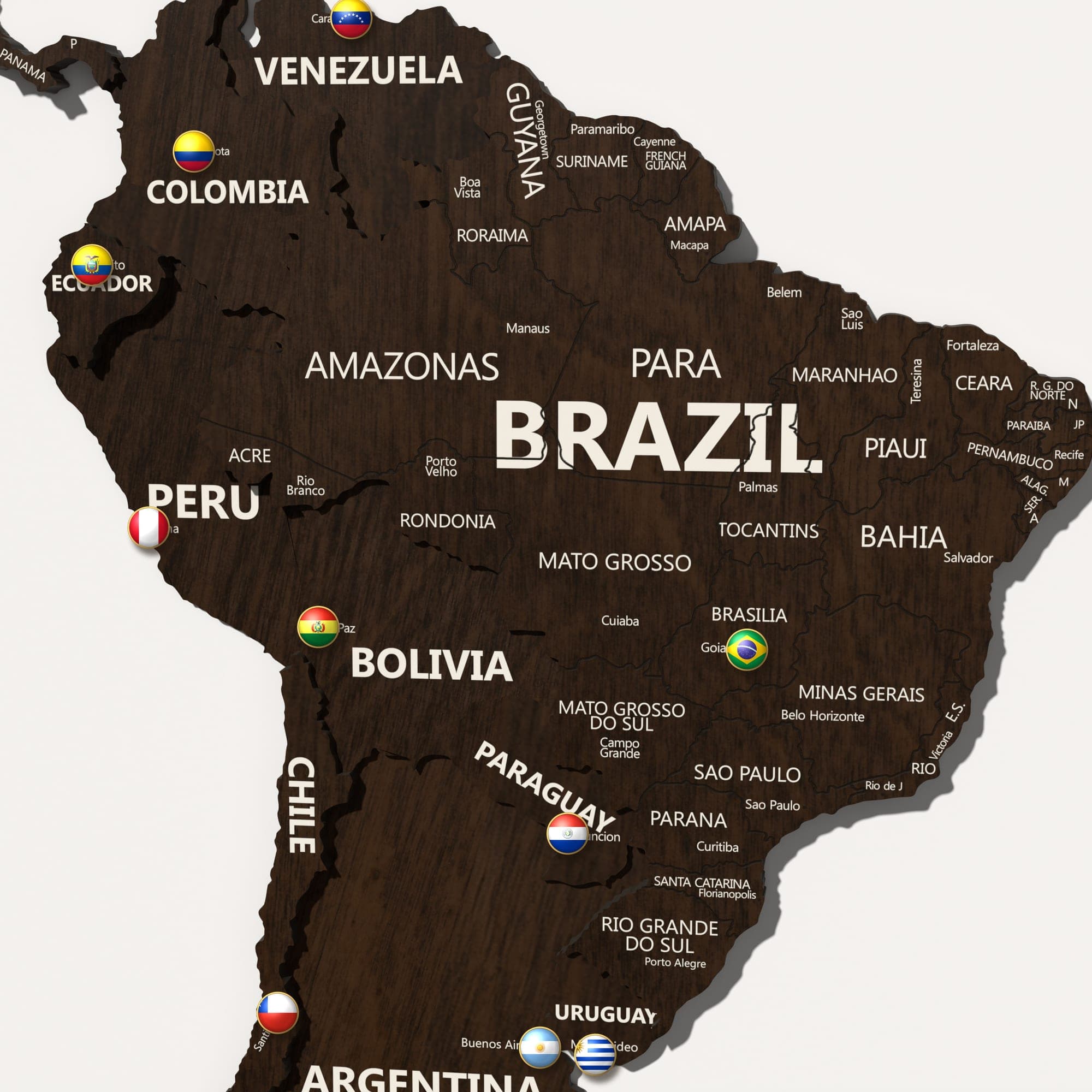 Close up of South America on the map in walnut