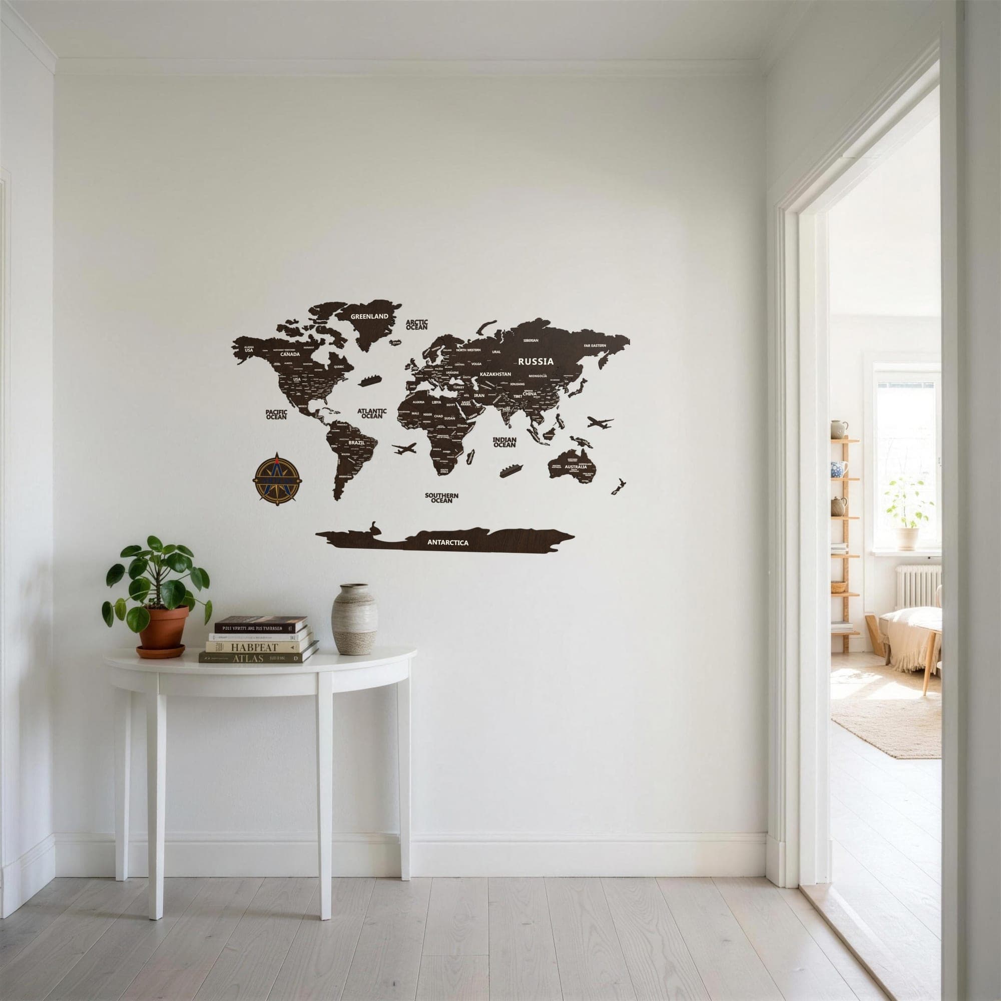 The Wooden World Map in walnut in an entrance hall
