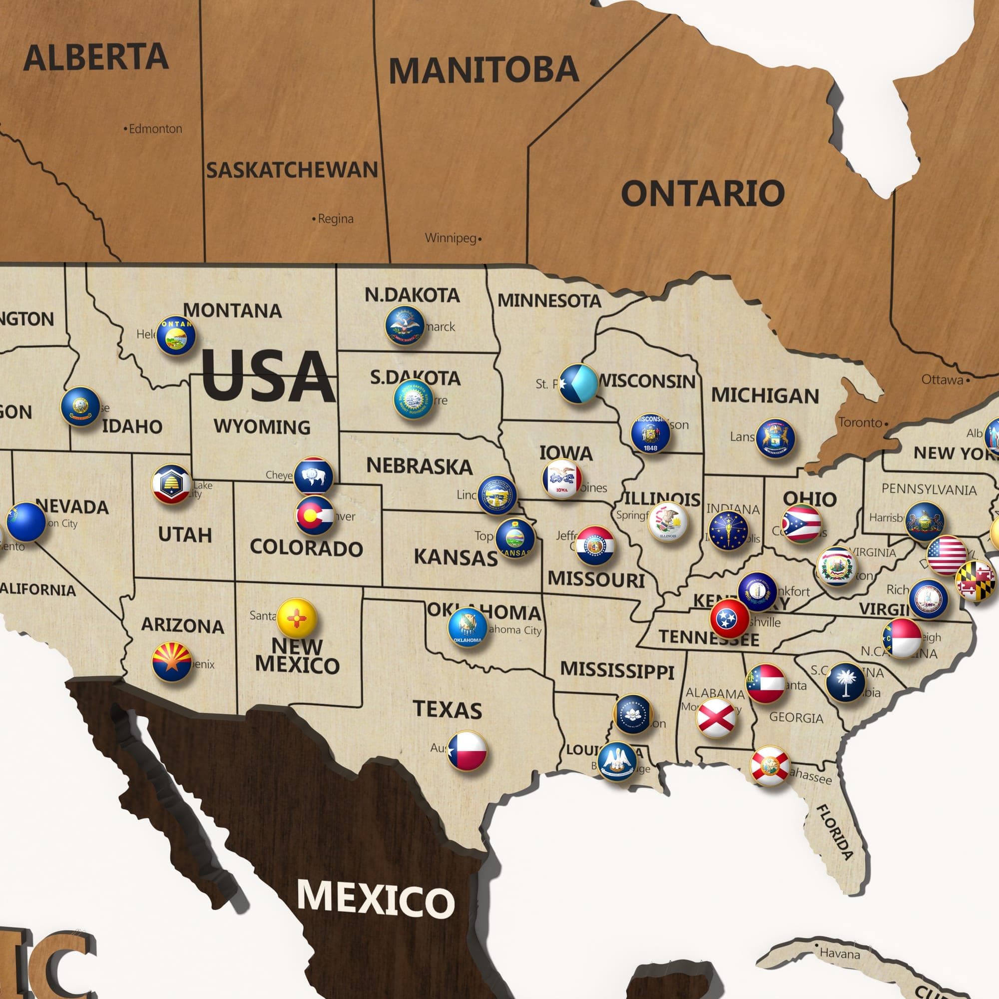 Close up of North America on the map, with state names and pins