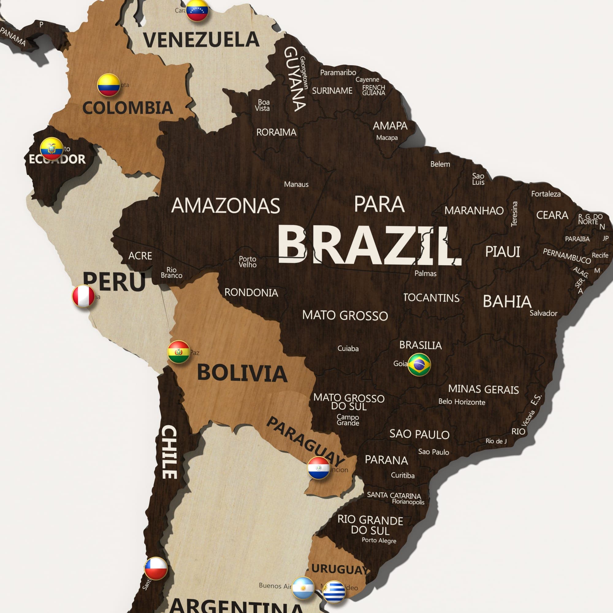 Close up of South America on the map in birch, teak and walnut